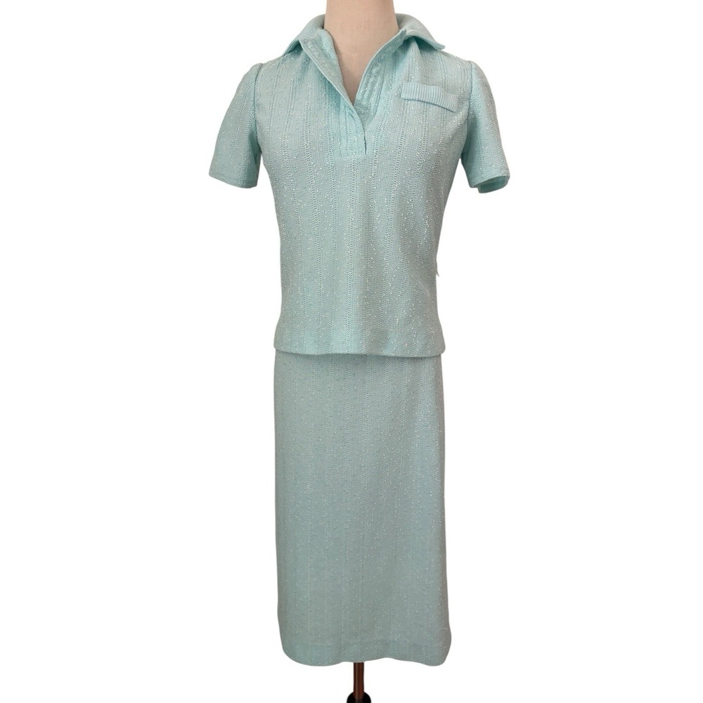 Vtg 70s Leslie Fay Petite Knit Skirt Set Aqua Blue Polo Top Pencil Skirt Sz S